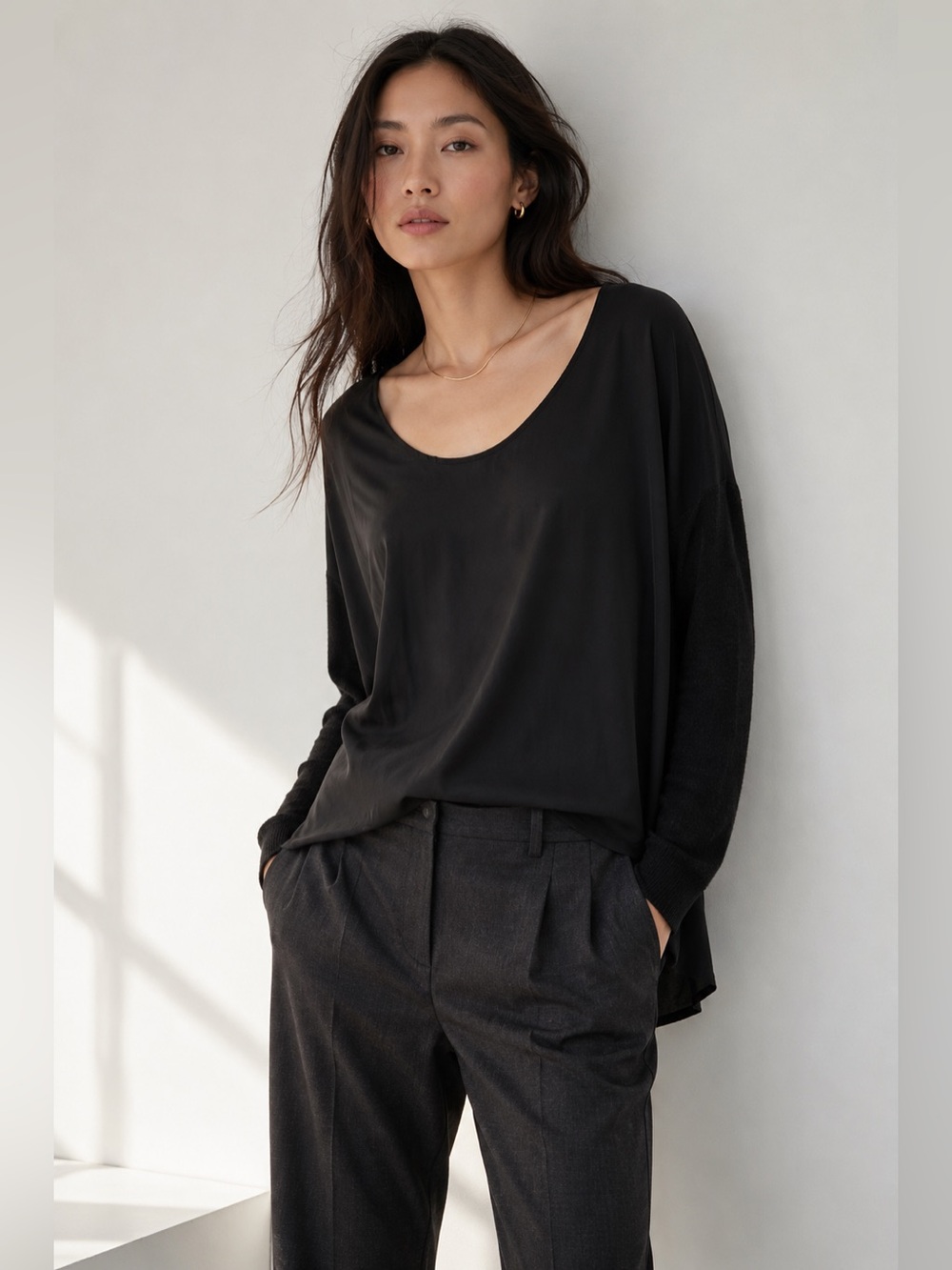 Aritzia Wilfred Silk Front High Low Long Sleeve Blouse Small